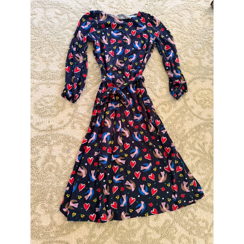 Boden Leandra Navy Blue Bird Dove Heart Print Long Sleeve Midi Dress Tie Waist 8 - Picture 5 of 13